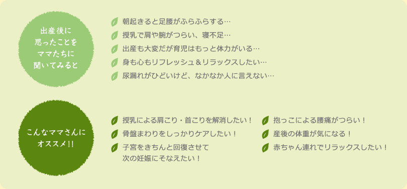 朝起きると足腰がふらふらする…。授乳で肩や腕がつらい、寝不足…。出産も大変だが育児はもっと体力がいる…。身も心もリフレッシュ＆リラックスしたい…。尿漏れがひどいけど、なかなか人に言えない…